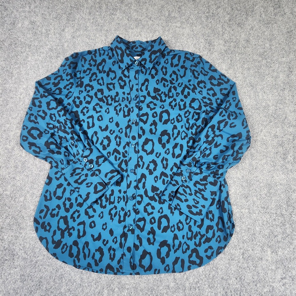 Chicos Blue Leopard Print Button Down Shirt Teal Black‎ Animal Long Sleeve 0.5 S